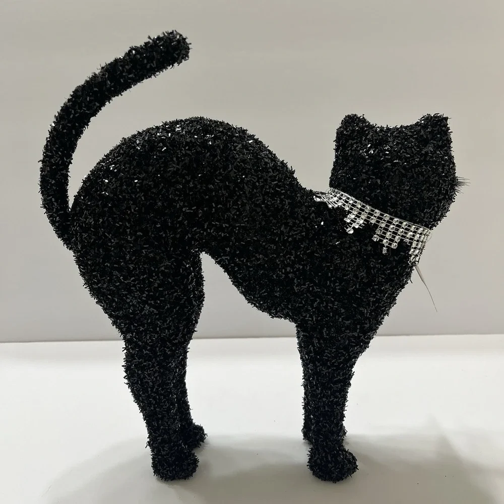 Halloween Black Table Cat Sparkly Black Tinsel Rhinestone Collar Eyes Ears 12